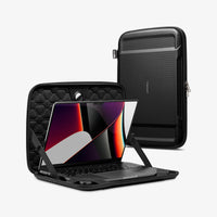 AFA04271 - MacBook Pro Series Rugged Armor Pro Pouch in black showing the front and pouch open with laptop inside